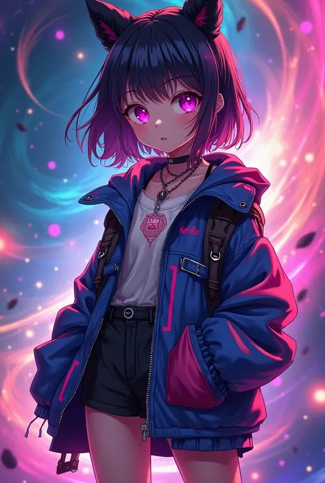 (
Make anime character with magenta eye and background seen is galaxy. With very beautiful gen z outfit. Tom boy type Add background more colourfull