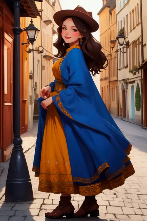 Young woman in Western Europe in gorgeous colored folk costume, full body seen from the side, smiling Caucasian, dark hair, brown eyes, staring into the camera, small light source, old European street, best image quality.