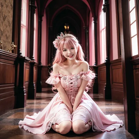 Wearing a pink gauze princess dress，pink dress，in the castle，knee shot,laughing out loud，2，1 female,