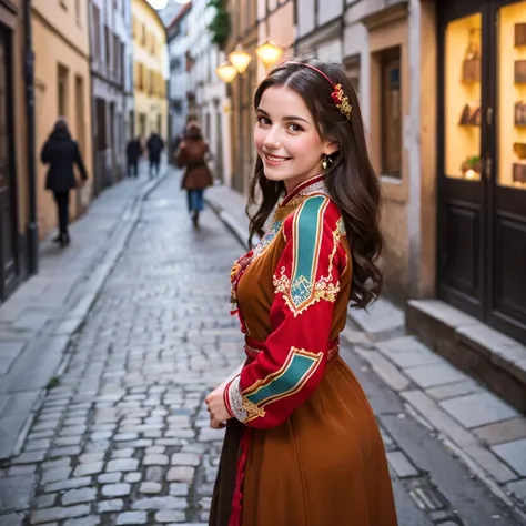 Young woman in Western Europe in gorgeous colored folk costume, full body seen from the side, smiling Caucasian, dark hair, brown eyes, staring into the camera, small light source, old European street, best image quality.