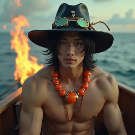 High resolution、Delicate depiction、8k、Realistic、(((Realistic)))、Really、Realistic depiction、photograph、Cinematic、(((Young people)))、26 talents、Muscular、Toned body、Upper body naked、Black Hair Semi-Long、(((Ten-gallon hat and goggles)))、(((The chin strap is se...