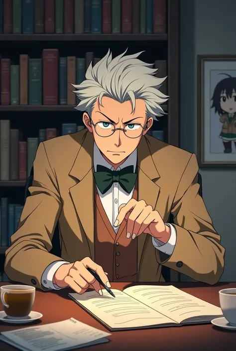 Make a male professor appreciating in anime.