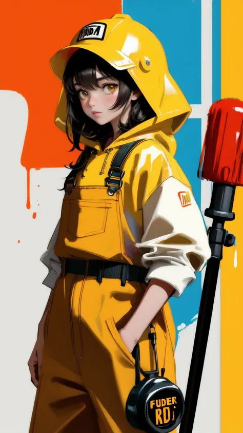  A beautiful, cute girl with a determined look, dressed as a FUD Buster, complete with a yellow hard hat labeled FUD Buster, a red hoodie, and yellow overalls covered in paint splatters. She stands confidently, holding a paint roller in one hand. The backg...