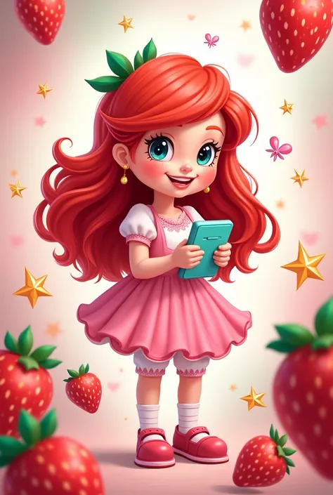 Strawberry Shortcake from the Facebook influencer cartoon holding a phone or computer 