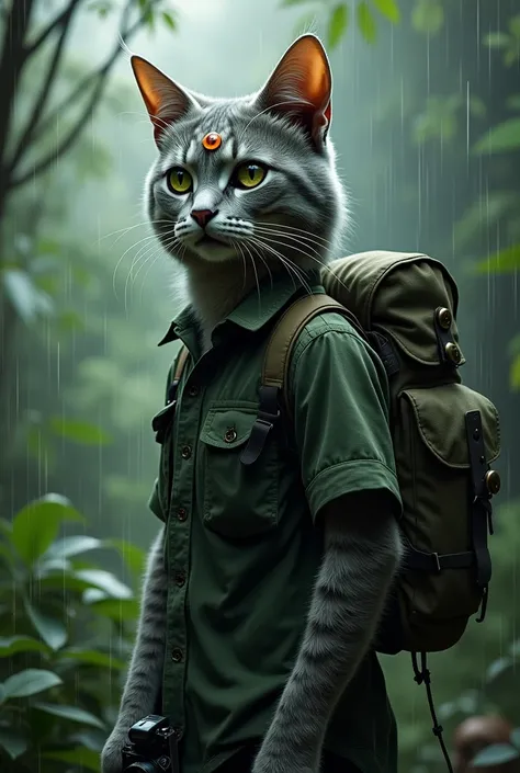 Side view of a gray tabby cat. The body is a man.  Has a third eye in the middle of his forehead and wears military-style clothes. Dark green shirt, carrying a backpack, camera in hand. The background is a rain forest while it is raining.