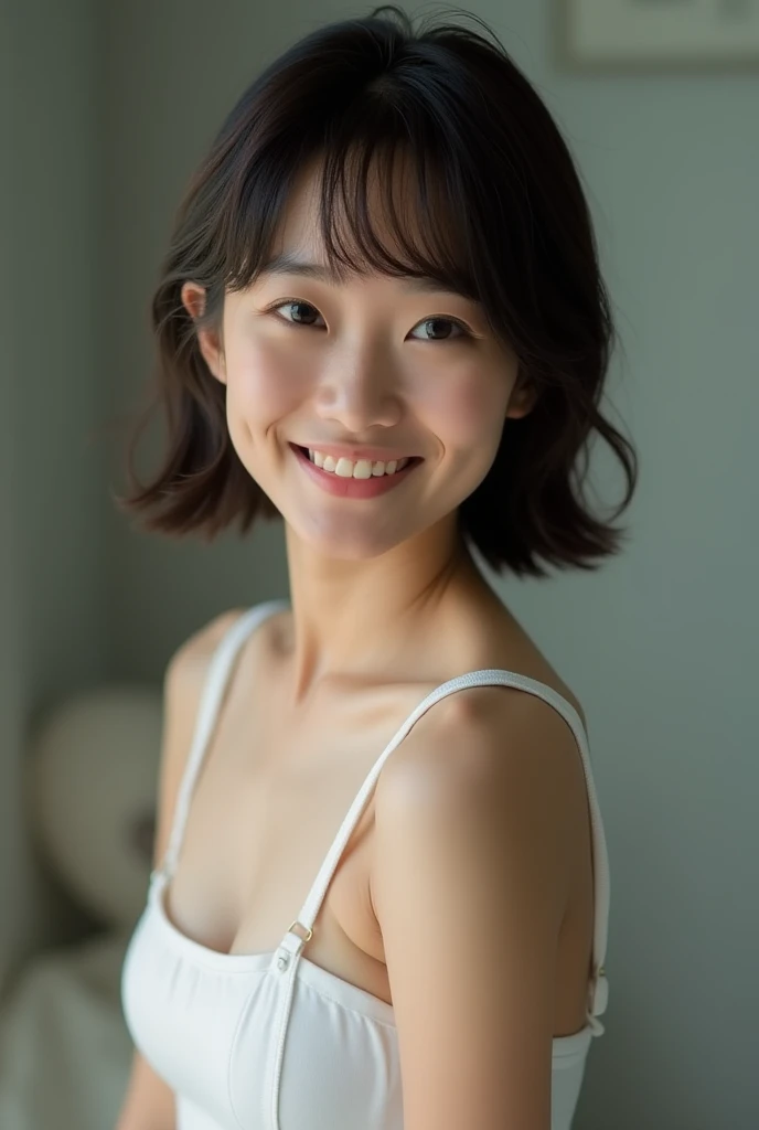 Professional Lighting、Very cute Japanese girl、beautiful girl、smile、Very short hair, Delicate body、(Flat Chest)、Erect nipples (Wearing a wet white tank top、Soaking wet, Nipples are visible)、Full body photo、
