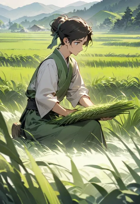 "A young peasant boy working in the fields, surrounded by lush green rice paddies, with distant mountains in the background, depicting the modest origins of a great historical figure."