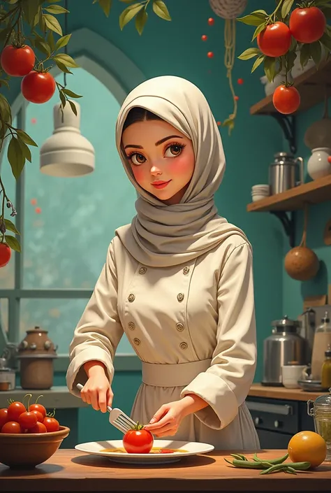 Show me one girl wear hijab and use chef jacket at the kitchen with studio ghibli style