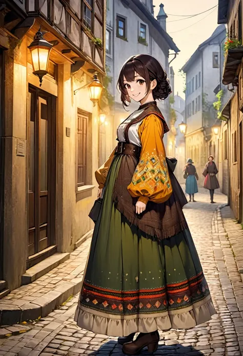 Young woman in Western Europe in gorgeous colored folk costume, full body seen from the side, smiling Caucasian, dark hair, brown eyes, staring into the camera, small light source, old European street, best image quality.