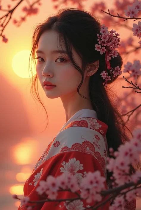 asian woman with Long hair, wearing kimodo, sakura flowers, at sunset.