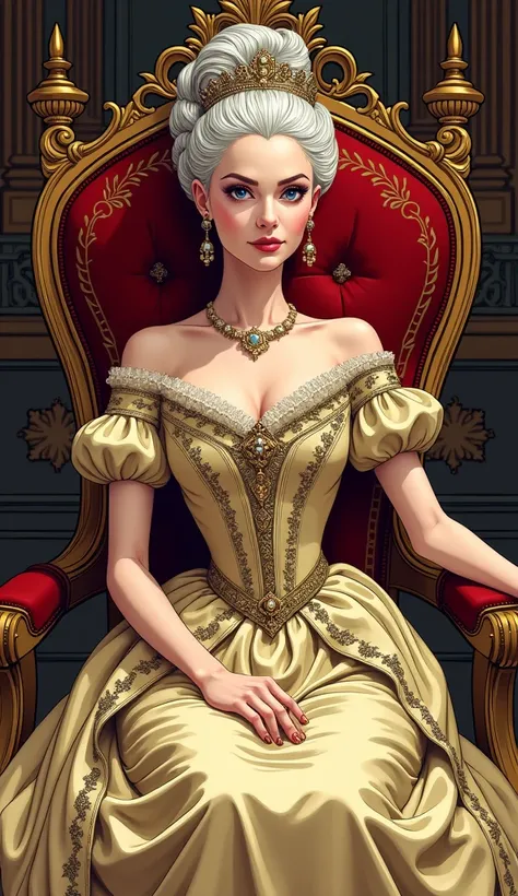 The young and beautiful Marie Antoinette, Formal wear, Sitting on the throne, Cel Shading, Bold outline, Flat Color, Sharp Shadow, Graphic Style, (Manga influence:1.3), Beautiful line drawing, Impressive visuals,comics