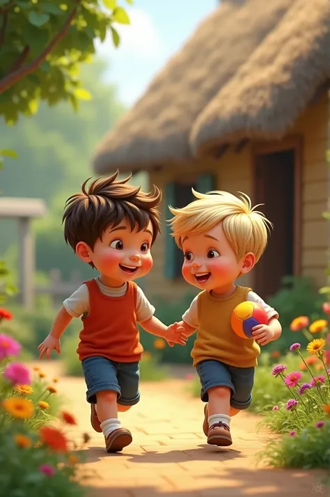 Two baby boys, Anna and Tamma, are playing in front of a small, cozy house. The house has a thatched roof, and there’s a small garden with flowers and a tree nearby. The boys are laughing and running around, with Tamma holding a small ball.