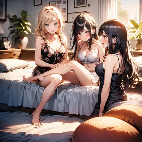 8k、best quality、masterpiece、Very detailed、Ultra-high resolution、((5-people))、5 girls、blond、(((on the bed)))、blush、wearing camisole、Bare shoulders