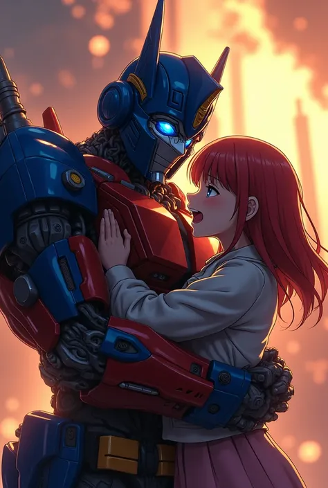 Optimus Prime hugging Rika Kawai, crying face, screaming expression, highly detailed, 8k, realistic, photorealistic, studio lighting, cinematic lighting, dramatic, emotional, powerful, bold colors, vibrant colors, warm colors, atmospheric, epic, heroic, in...