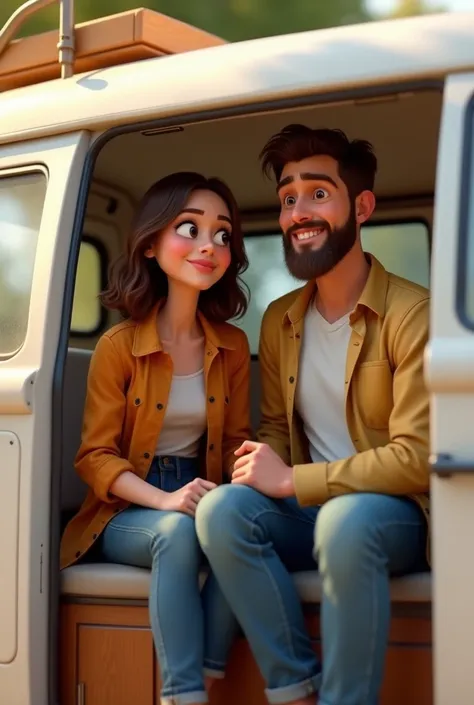 A married couple inside a white van, he with a little beard, pixar
