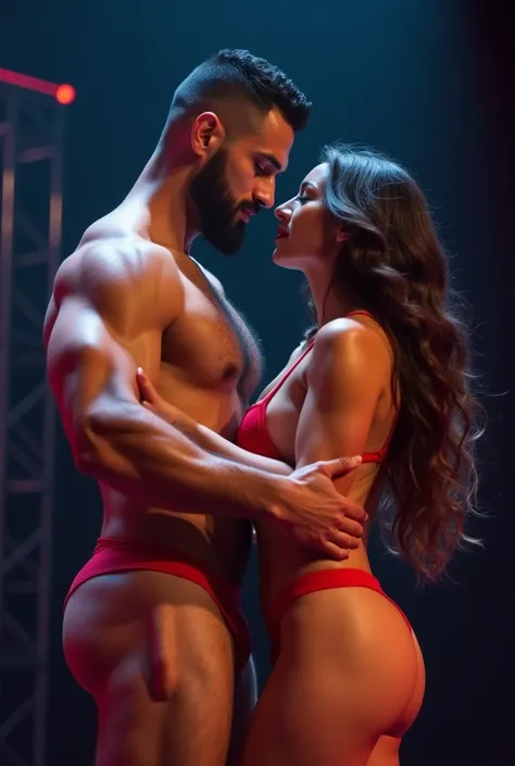 A young Puerto Rican man hairy bearded strong muscular red underwear bulge bulge, having his underwear opened lowered by a beautiful woman in red panties in front of him, in performance on a stage of a television program presented by a famous presenter.