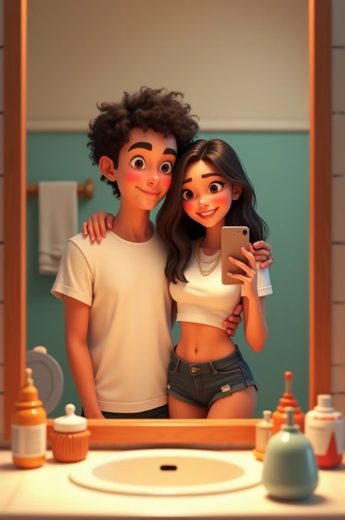 Pixar style image of a couple taking a photo in the bathroom mirror A young man with dark curly hair, short on the sides, He is wearing a white short-sleeved T-shirt. Is standing, turned to his right side, Hugging the young woman with one arm. His expressi...