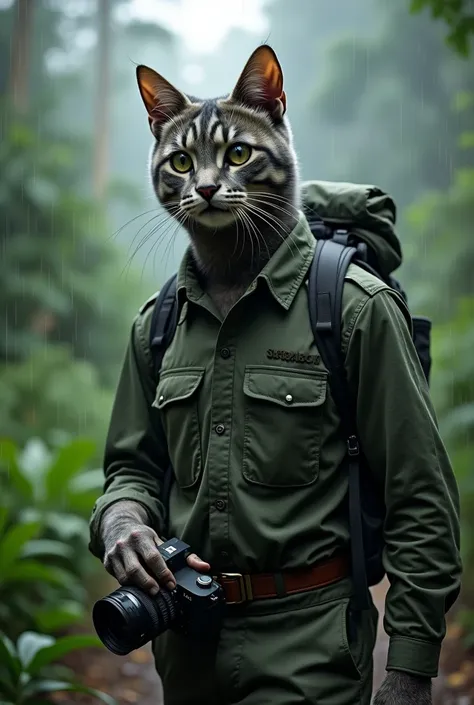 Documentary-style realistic photographs of a gray tabby cat. The body is a man.  Has a third eye in the middle of his forehead and wears military-style clothes. Dark green shirt, carrying a backpack, camera in hand. The background is a rainforest. While it...