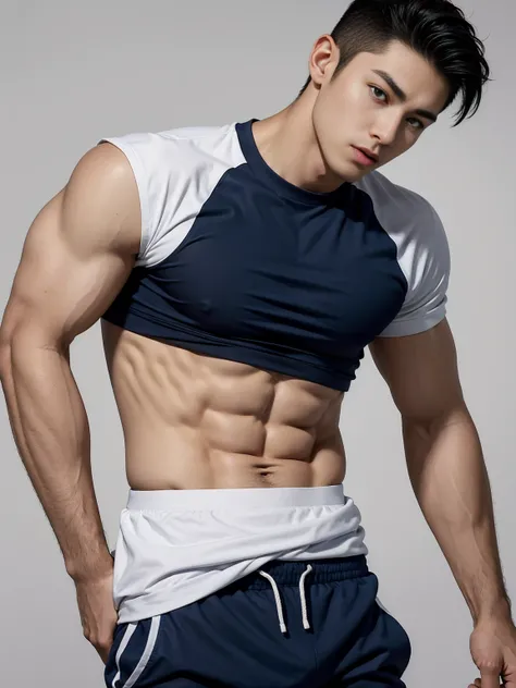 1 Handsome  naked Japanese guy ，Sexy pose, A 20 year-old man wearing a Bare chest shirt and Excellent shorts stands against a white background, navy Blue, navy Blue, Sports T-shirt, Blue, Excellent Sportswear, Gorgeous and sexy clothes, Sportswear, Short s...