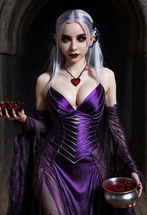 A cute woman (dark elf, pitch black skin, violet eyes, silver hair, spider silk woven gown, bloody hands) is moving tp a spider altar carrying a bowl of bloody hearts 