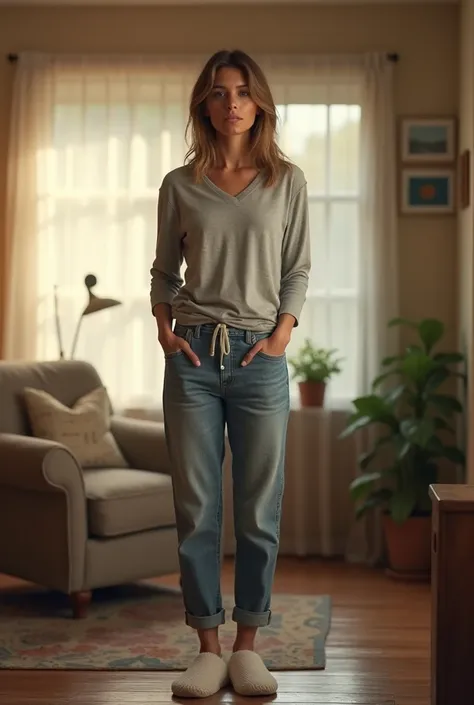 An American woman wearing slippers is standing in the living room, facing the camera