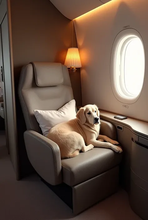 Create an image of a reclining chair on an airplane with a dog bed next to it. Make it into a more realistic room.