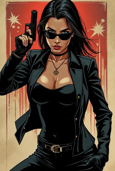 Woman holding gun in one hand in the other comic strip wearing black sunglasses
