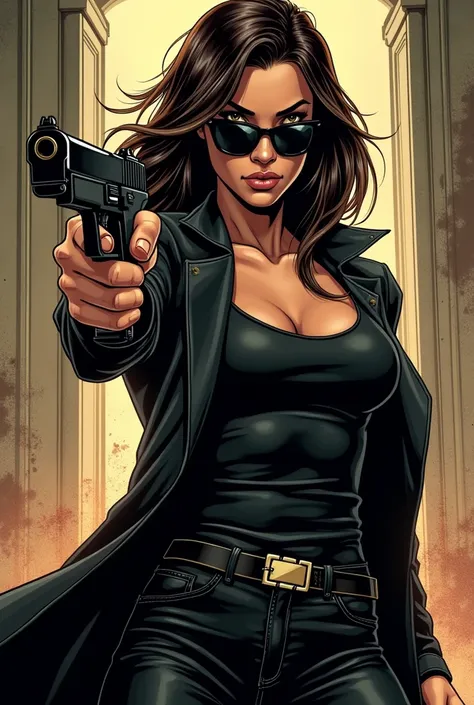 Woman holding gun in one hand in the other comic strip wearing black sunglasses
