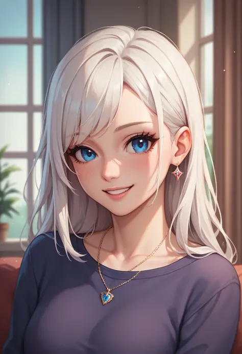 Masterpiece, best quality,  a girl with white hair, blue eyes, beautifully smiling,  modern high school student, cute, 