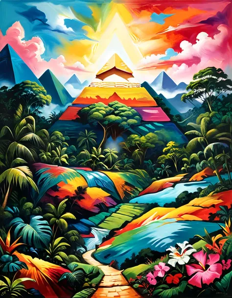 Masterpiece, Best composition, Dynamic composition, Colorful landscape painting, Pyramid painted, Pyramid exists in jungle, Light coming from just above pyramid, Psychedelic landscape, Vivid oil painting, Vivid abstract landscape, Color field painting. 8K,...