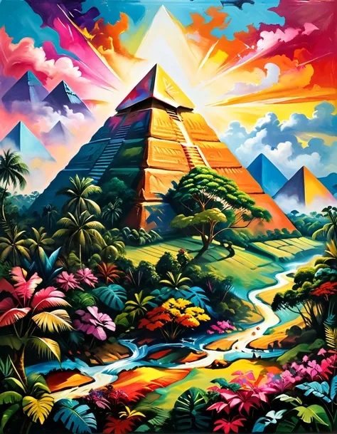 Masterpiece, Best composition, Dynamic composition, Colorful landscape painting, Pyramid painted, Pyramid exists in jungle, Light coming from just above pyramid, Psychedelic landscape, Vivid oil painting, Vivid abstract landscape, Color field painting. 8K,...