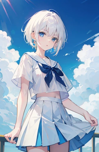 Anime, girl, teenage, short hair, white hair, plae blue eyes, cool, earrings, wearing a white top and blue skirt, holding a cigarette, cute 