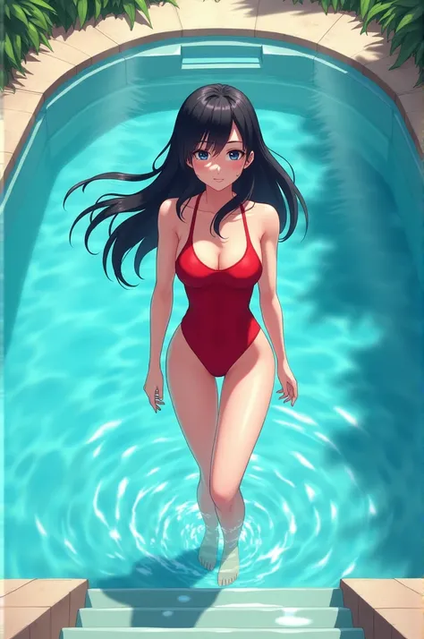 A girl with black hair, slim body and red swimsuit coming out of a pool through some steps 