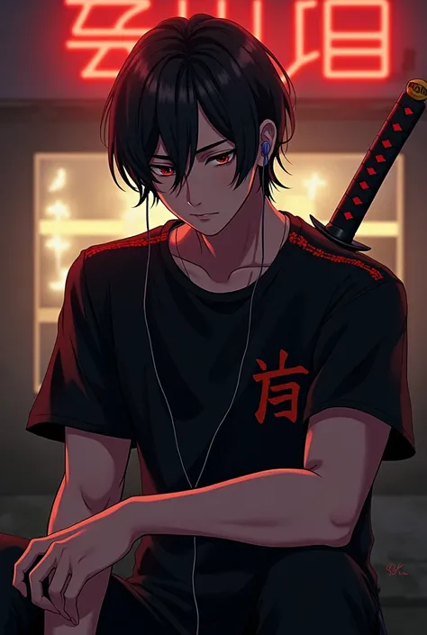 A disappointed male character with red eyes, black hair combed into two parts, a black t-shirt with red details, and a katana is listening to music using airpods in front of the bar