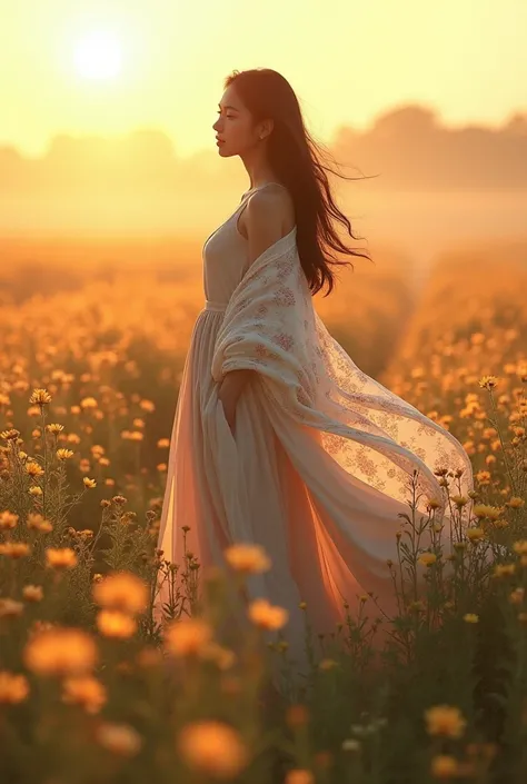 woman with Long hair, wearing long skirt, floral blanket in a field of Morning Breeze flowers, at sunrise.