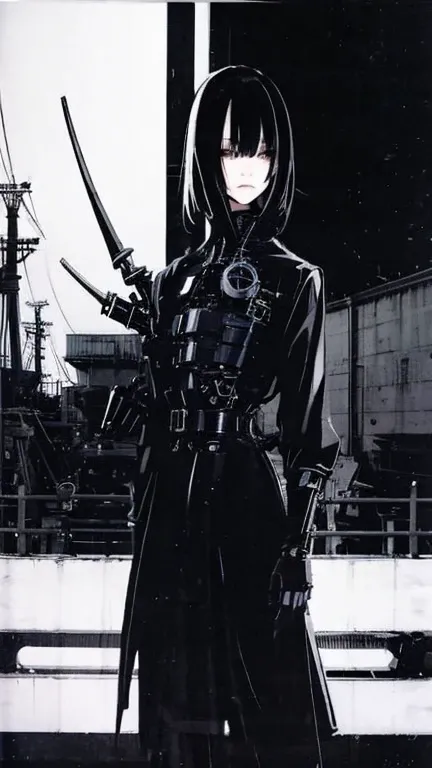 Black Hair、Cold look:1.5、Japanese woman in her 30s、Dark Background、One Cool Lady:1.5、night、whole photo、Dark Eyes、Black gloves、Ominous Machine Lifeform、Nihil、Half of his body is made of machinery、Mechanical Man:1.5、Modern clothing:、Creepy、Scary atmosphere