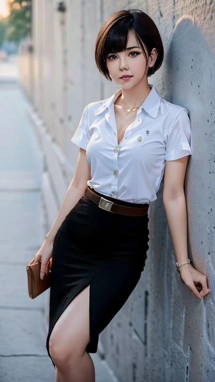 Pretty thai woman short hair  , (8k, best quality, masterpiece, ultra highres:1.2) Photo of Pretty thai woman beautiful, beautiful enchanting fashion contemporary painting with , (1girl), (white shirt short sleeves), ((black pencil skirt)), belt , realisti...