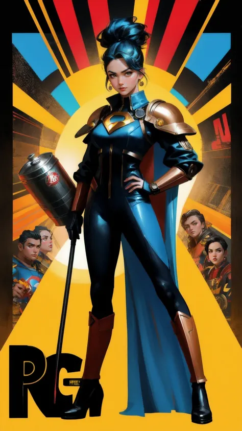 A beautiful cute girl in a superhero costume holding a gas can, with a yellow background, styled as blockbuster movie art, a movie poster character, and a movie promotional image. Inspired by the dynamic and bold designs of Rudy Siswanto, with elements of ...