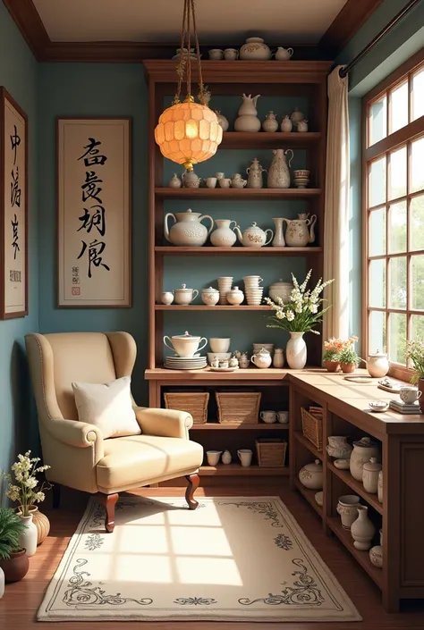 A hobby room. Bone china and pottery, tea set hobby room full with space that we can create beautiful tea set design by ourself. Also a lounge chair that we can rest in that room. Show all the space in that room.