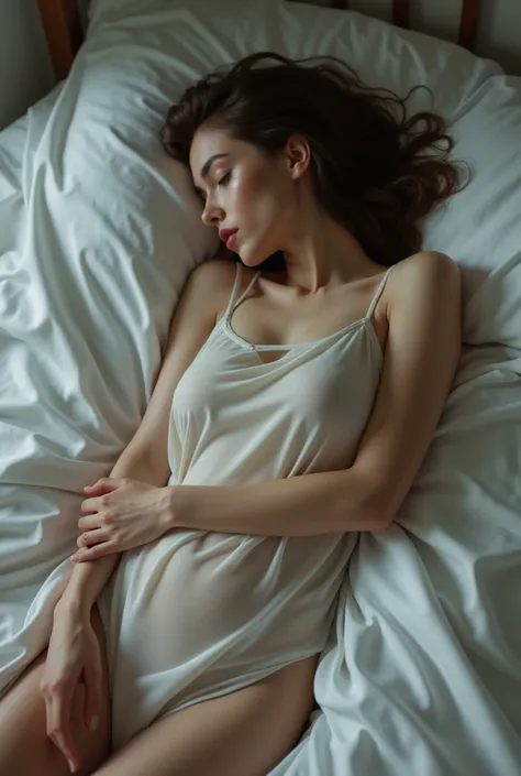 girl in bed asleep with sheets revealing her hips and her transparent clothes removed, Lying in a bed alone 