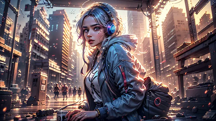 arafed woman sitting on the ground with headphones on, girl wearing headphones, listening to music, with headphones, lofi girl, music in the air, style of alena aenami, wearing headphones, vibing to music, lofi portrait, portrait shot, inspired by Alena Ae...