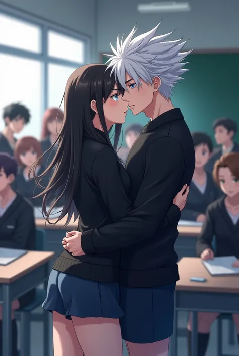 anime character, White hair, spiky hair, white skin, bright blue eyes, Long white eyelashes, male, tall, big glossy lips, classroom, grey eyebrows, black sweater, black shorts kissing brown haired female student, crowd