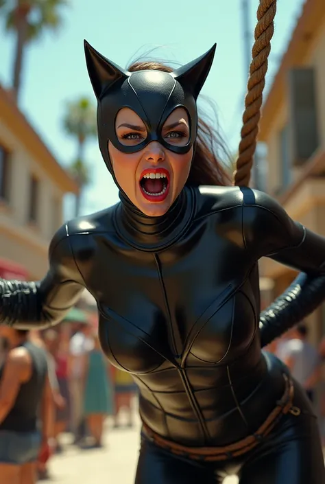 (8k, best quality, photorealistic, realisti), Catwoman, sexly, Nice, hot, horrified, strangled gasping for air, choked, screaming, horrifieder Gesichtsausdruck, is hanged, is hanged on the gallows, Thick rope tied tightly around neck, Thick rope tied tight...