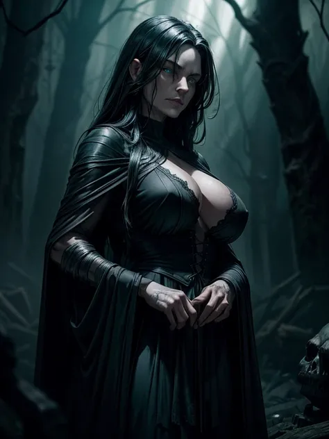 a 200-year-old witch with long black hair,a powerful villain,magic flowing from her hands,dark mysterious aura,eerie green glowing eyes,tattered black robe,skeletal fingers,gnarled hands,haunting atmosphere,dramatic lighting,cinematic composition,dark fant...