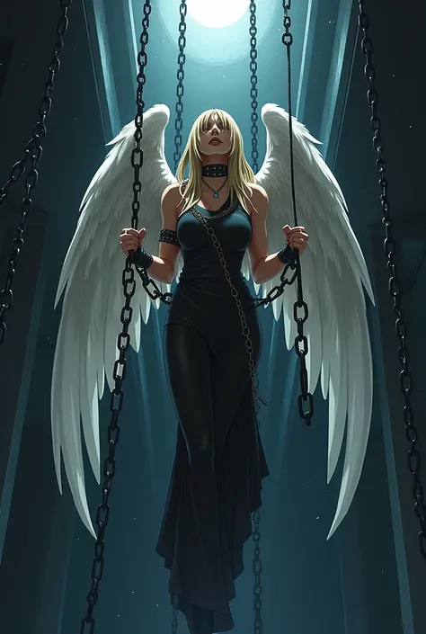 The image is anime style cowboy bebop and Darker than black with shadows and dim lights, anime style although somewhat adult and dark, It shows only one beautiful 2 adult female angel, She has very long dull blonde hair, and has beautiful white wings, She ...