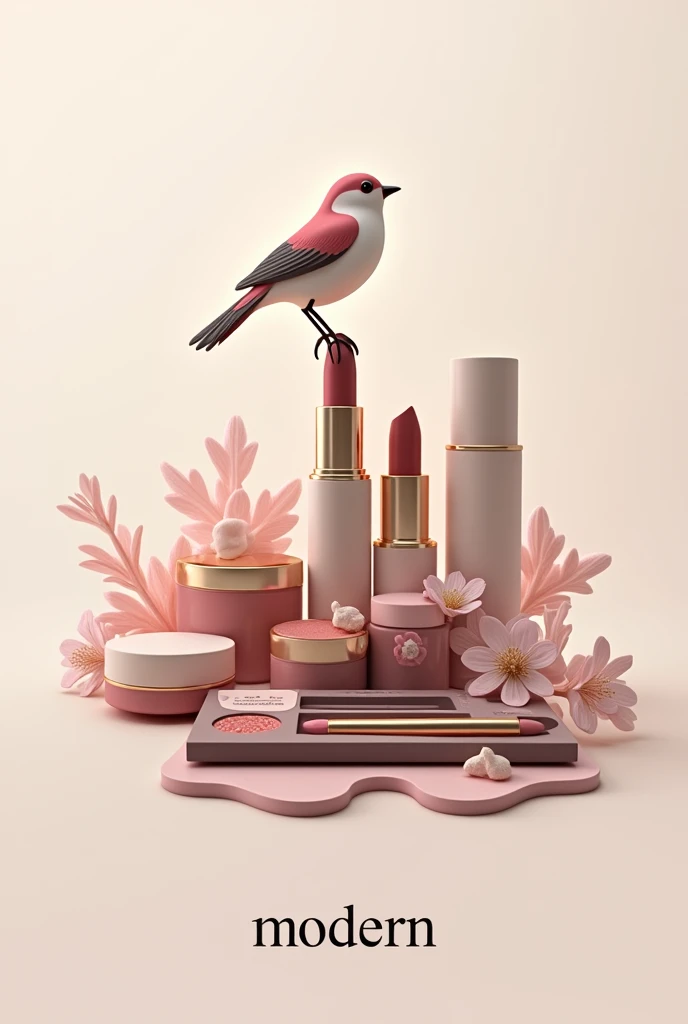 A logo for a beauty brand named "modern" with all the beauty products around it and a small bird on top