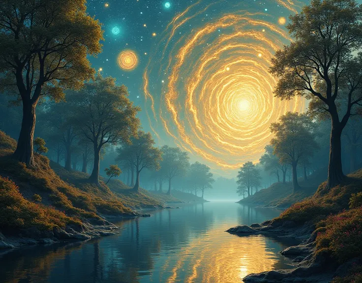 A digital artwork of a fractal forest dreamscape. The forest is made up of trees with fractal patterns. The sky is a swirling vortex of golden fractals, similar to Van Goghs "Starry Night" but with a digital twist. There is a reflective lake in the foregro...