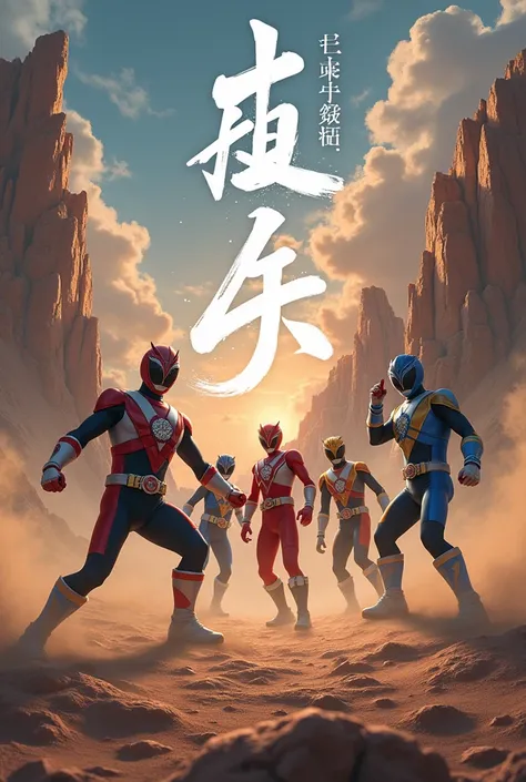 an aesthetically written title "matsu" with the correct spelling on the front, a scene, very high quality photos, a super sentai fighting monsters in the middle of a rocky desert, realistic visual effects, cool and complex, looks real and perfect, UHD 64K,...