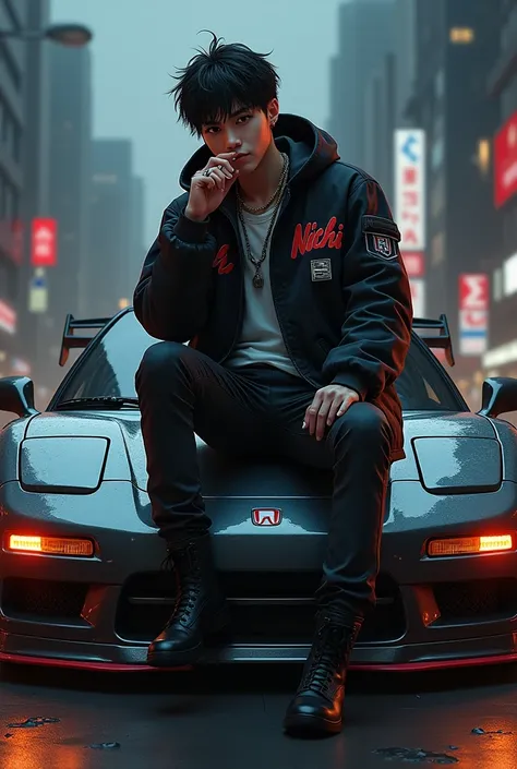 a boy with name NICHI on jacket, sitting on a car HONDA NSX R, a boy smoking, realistic artstyle, realism artstyle, e - boy, e-boy, realistic art style, striking detailed artstyle, photorealistic artstyle, photorealistic!!!!!!! art style, [ 4 k digital art...