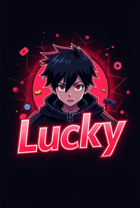 This is a gaming logo that features the name " LUCKY " in a futuristic font and a neon Red color. and Boy Anime avtar, The logo also has a stylized controller icon and a YouTube play button in the background. The logo is designed to be attractive and eye-c...